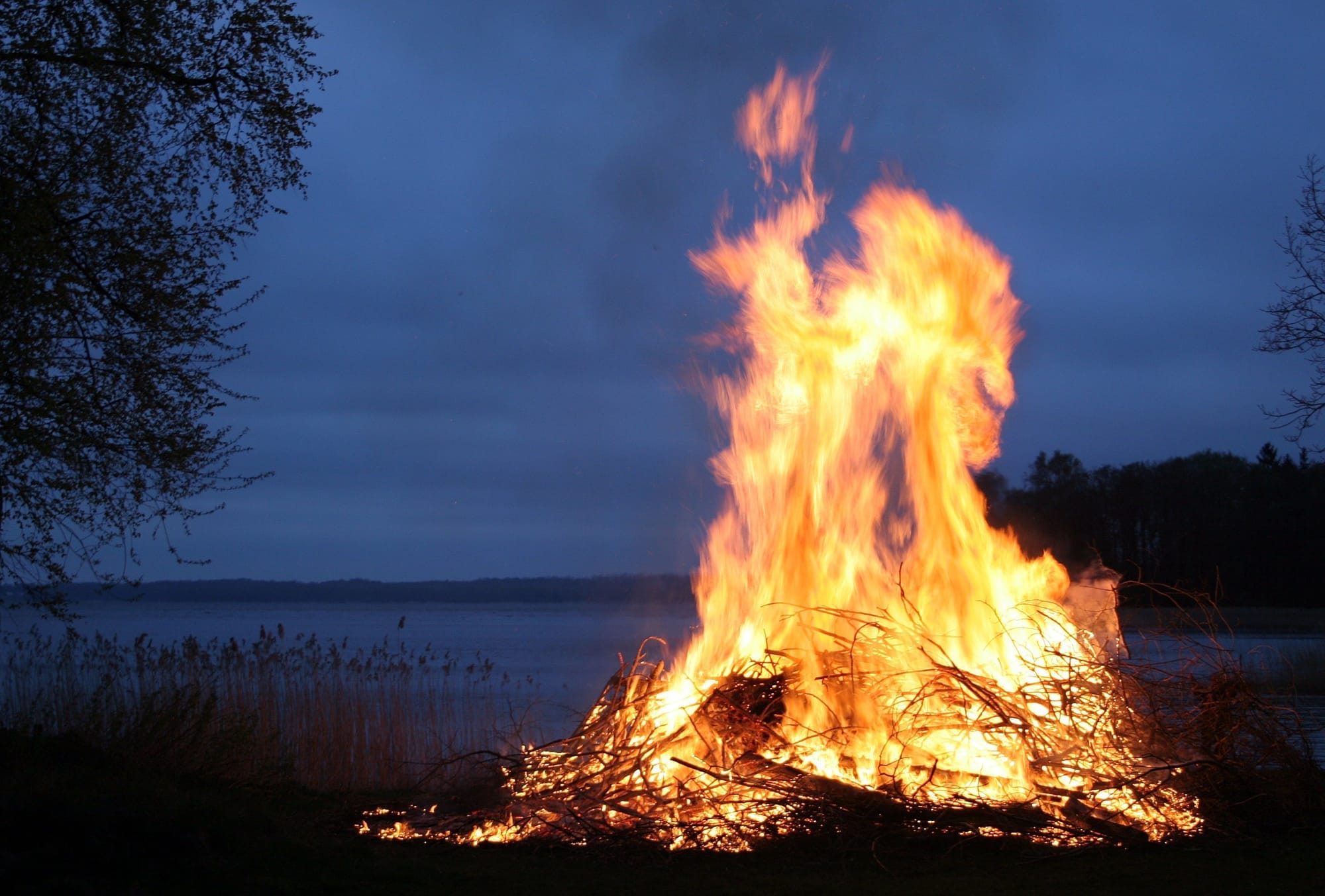 Lagerfeuer in der Natur bei Dämmerung.