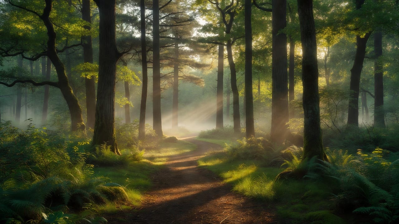 Lichter Waldweg im Morgennebel — Gefühl von Reise und innerer Ruhe